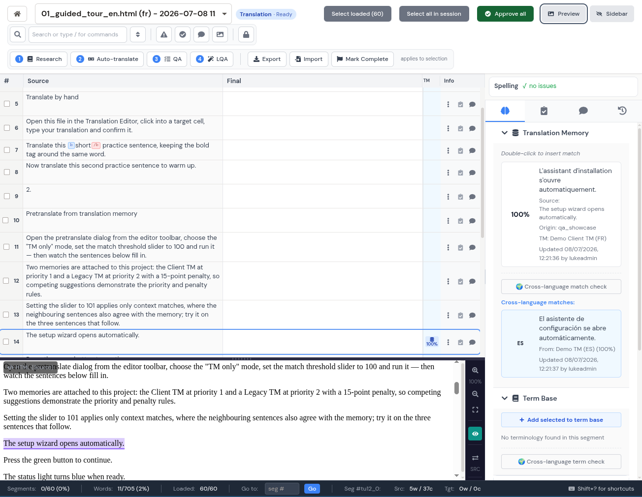 Language Ops CAT editor preview with segment editing, translation memory, and terminology context