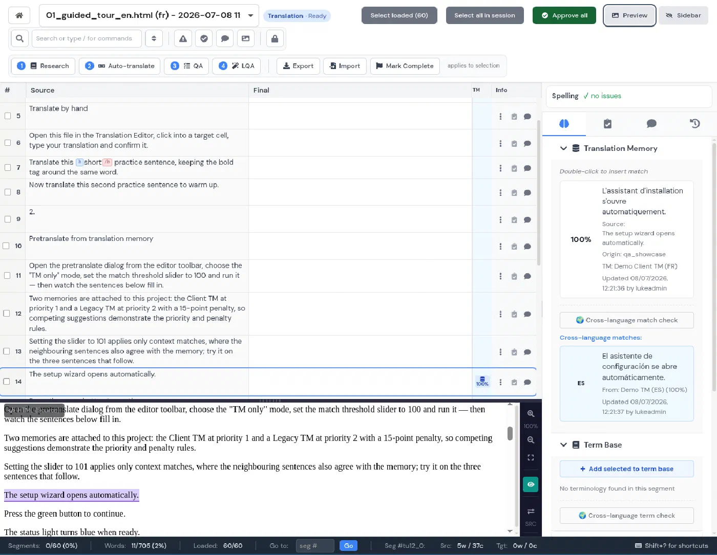 LanguageOps editor preview showing segment editing, translation memory, terminology, and QA context