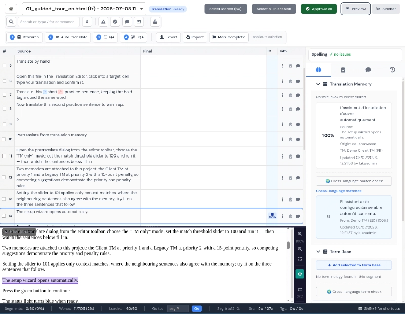 Language Ops editor preview showing segment editing, translation memory, terminology, and QA context