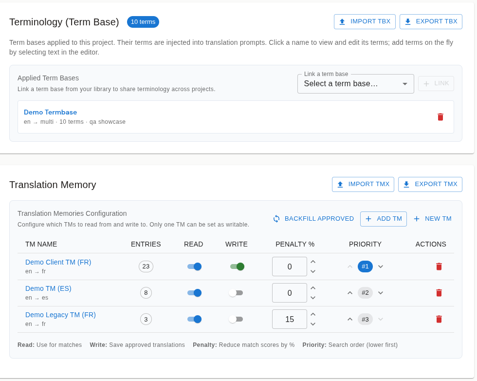 Language Ops translation memory and termbase management screen