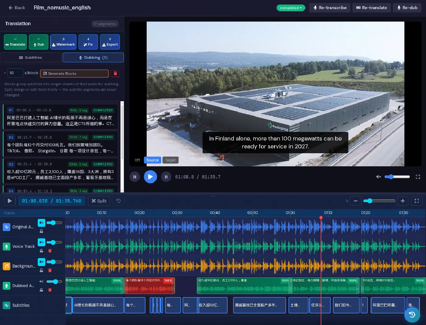 LanguageOps video localisation editor showing video preview, subtitle segments, translation controls, and timeline