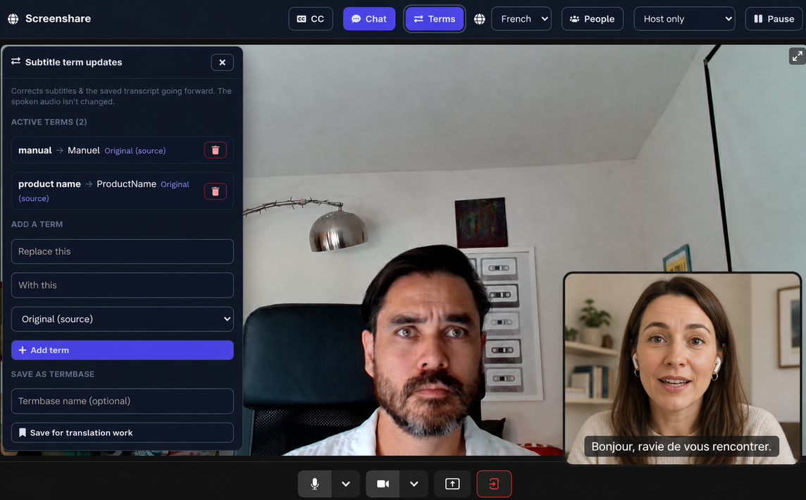 LanguageOps Live translation session screen