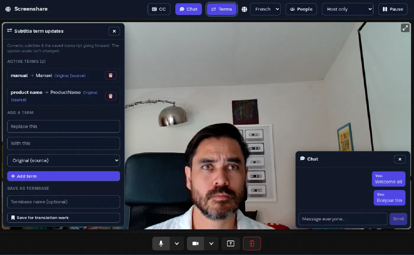 LanguageOps Live session showing translated captions and the host terminology panel