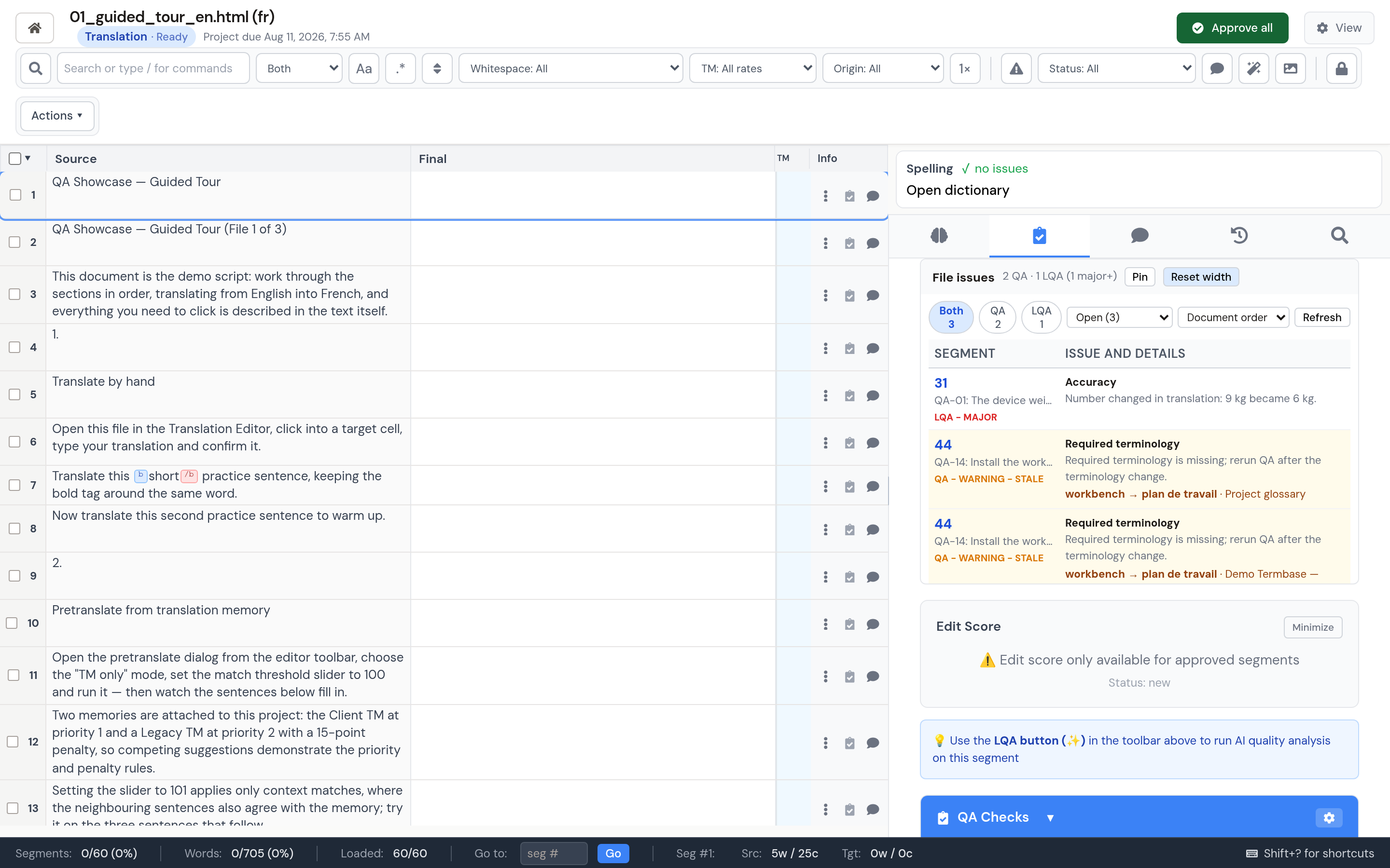 LanguageOps File Issues panel showing QA and LQA findings beside translated segments