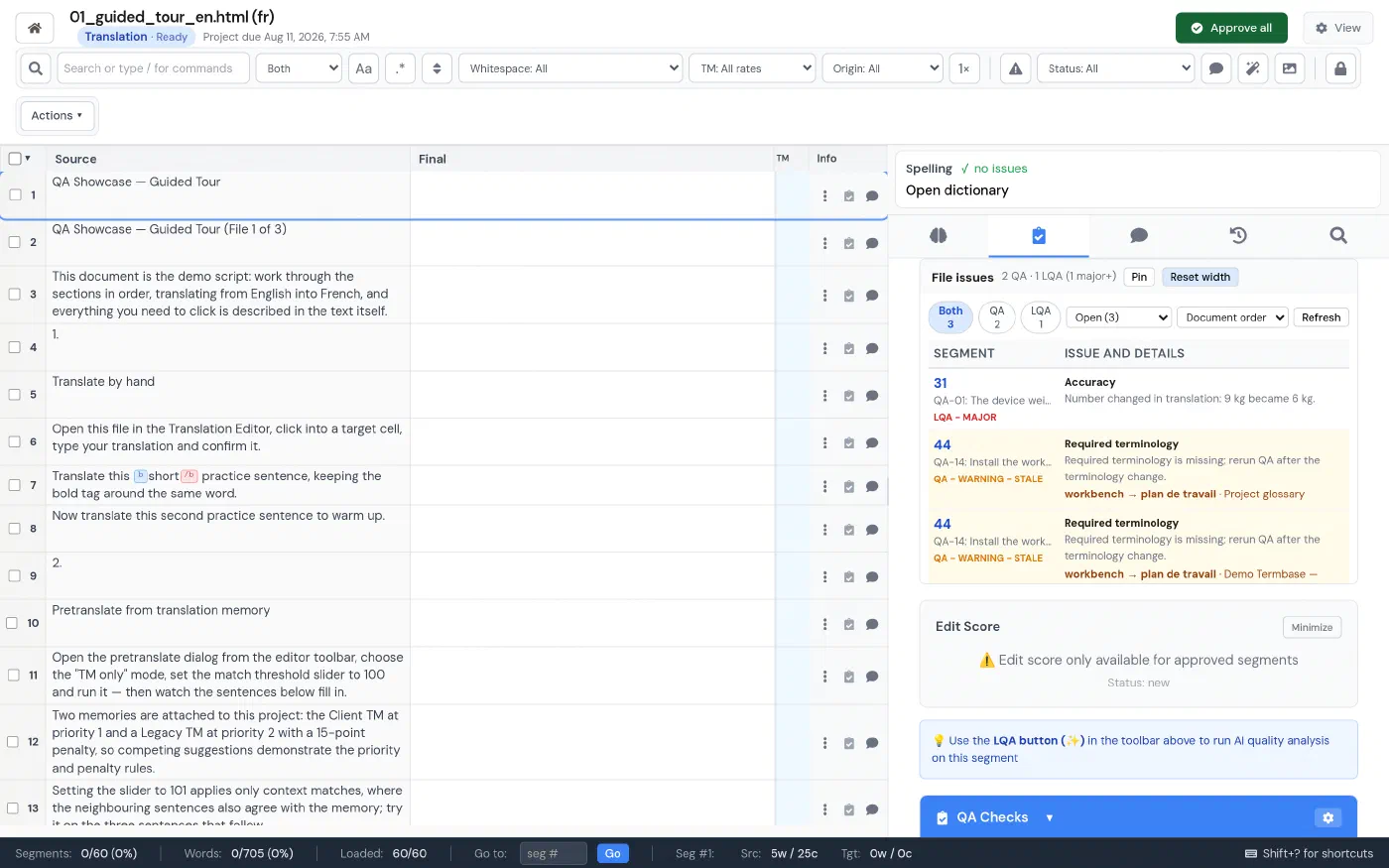 LanguageOps File Issues panel showing QA and LQA findings beside translated segments