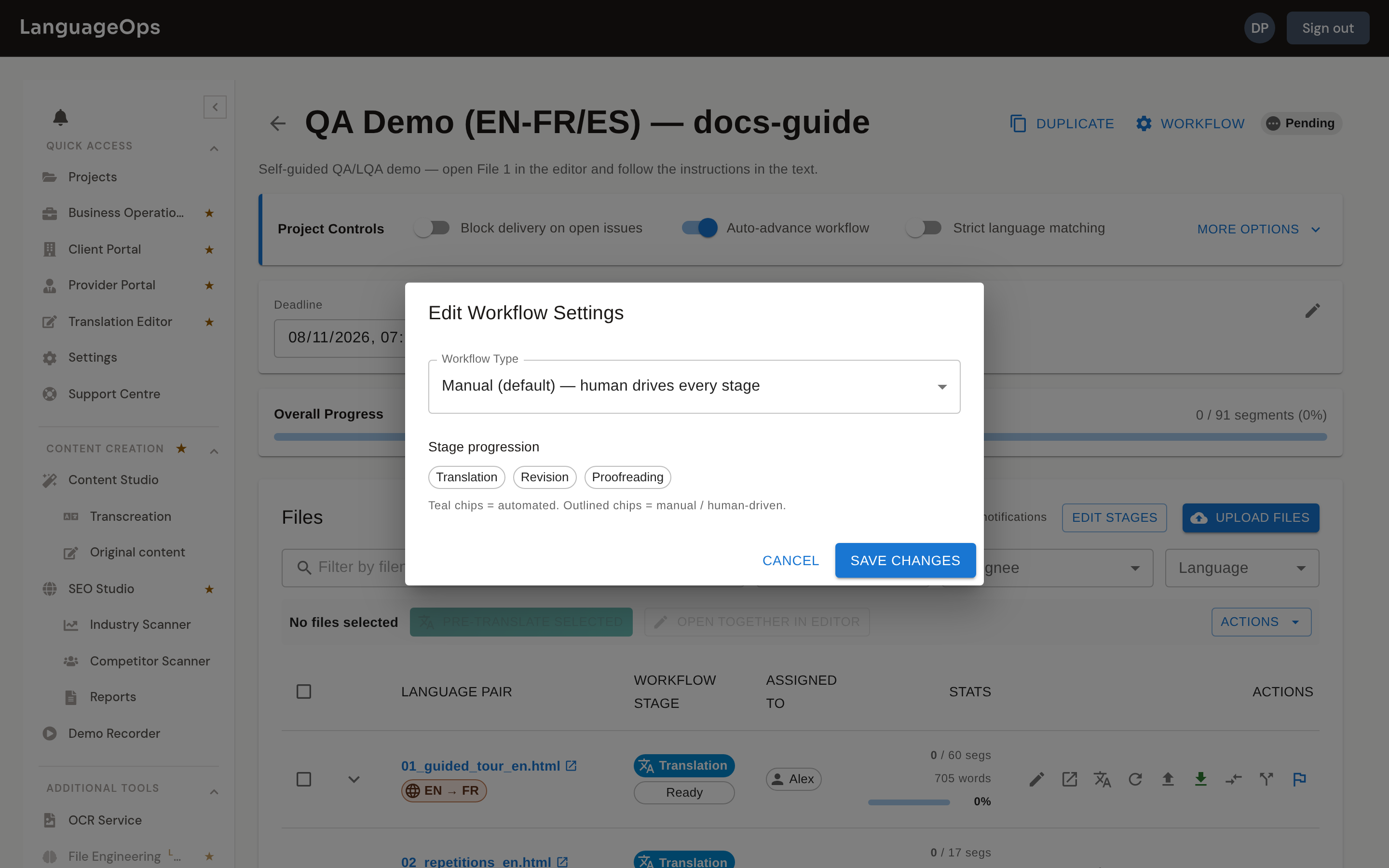 LanguageOps project workflow settings for translation, QA, LQA and finalisation
