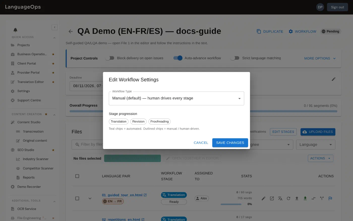 LanguageOps project workflow settings for translation, QA, LQA and finalisation